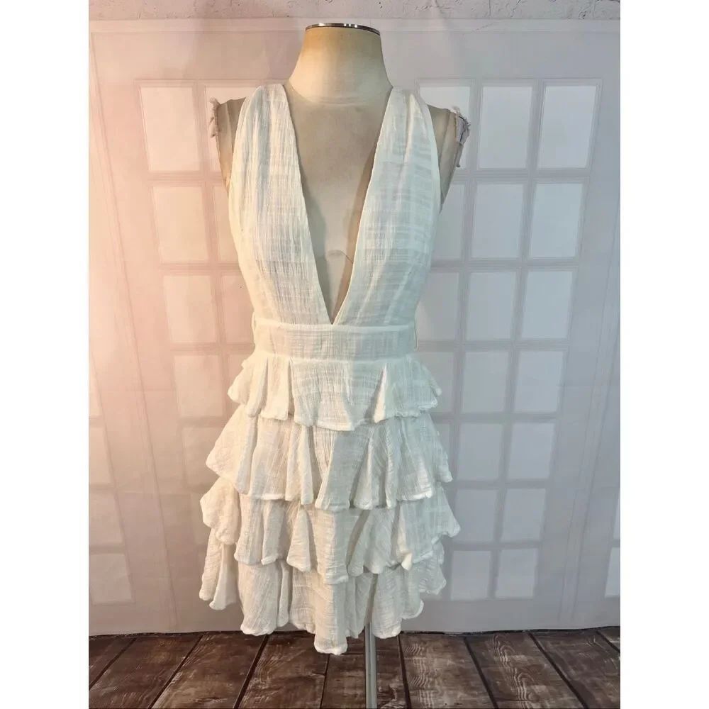 Saints & Secrets White Plunging Neck Ruffle Tiered Sleeveless Mini Dress Medium